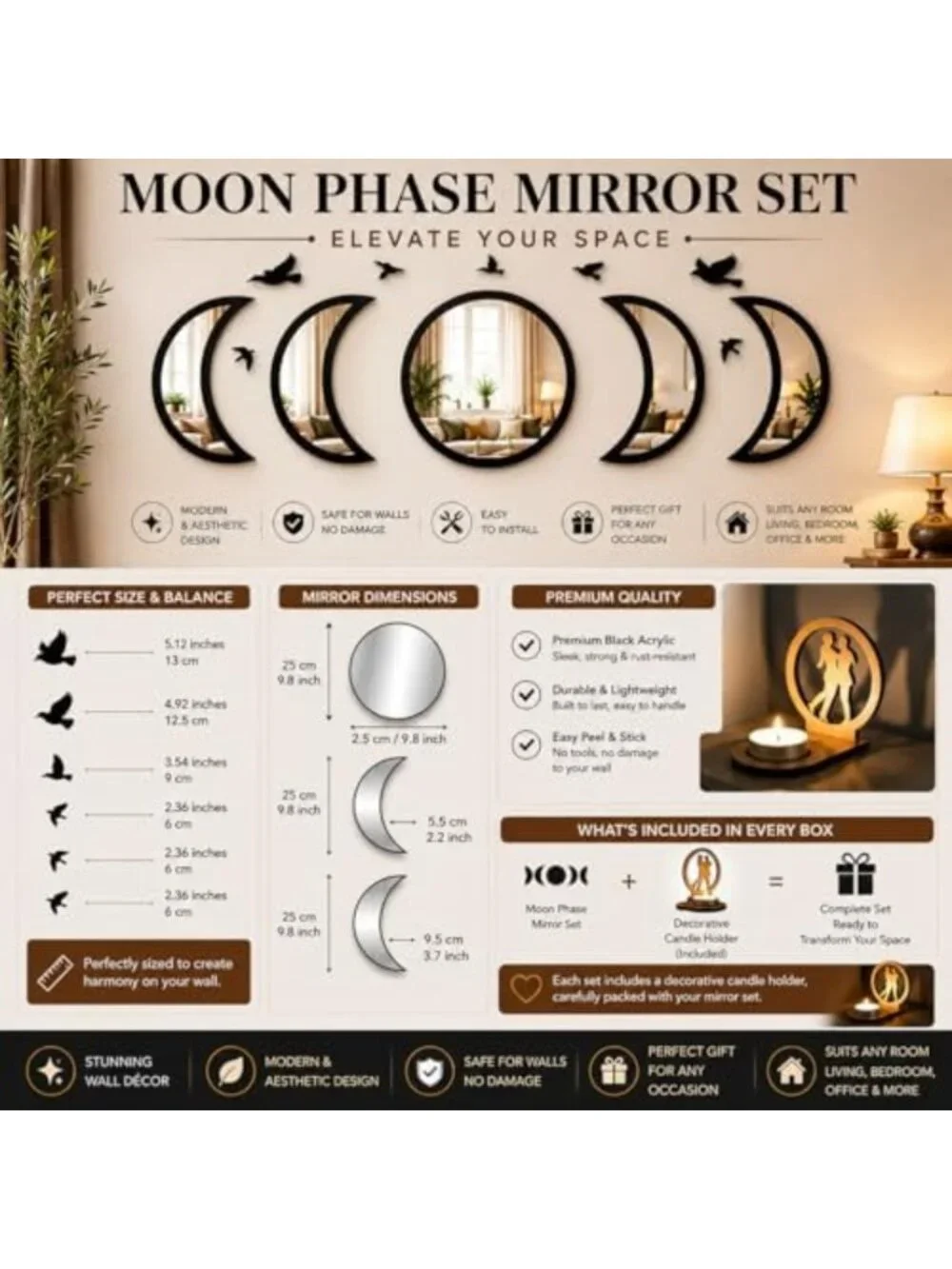 Moon Phase Wall Mirror Set with Birds | Gothic Boho Decor for Bedroom & Living